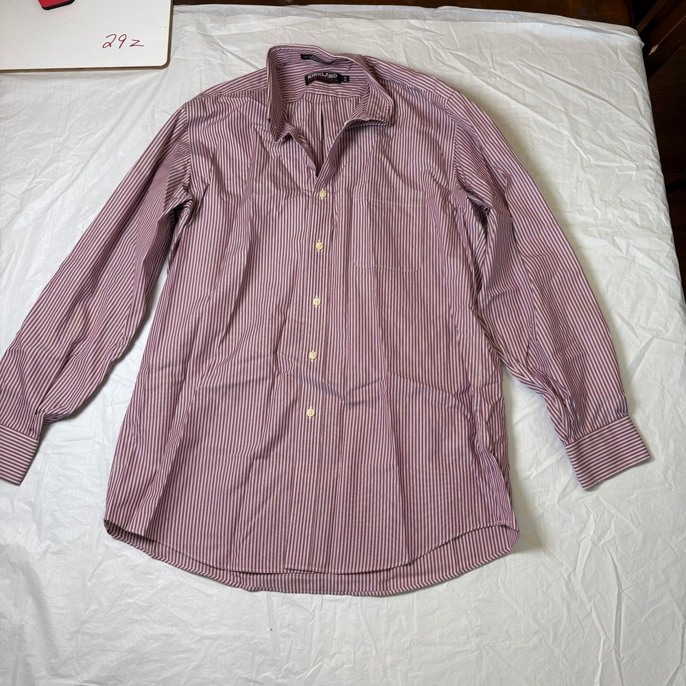 Kirkland Signature Non Iron Striped Dress Shirt Mens‎ Size 16 34 Burgundy White